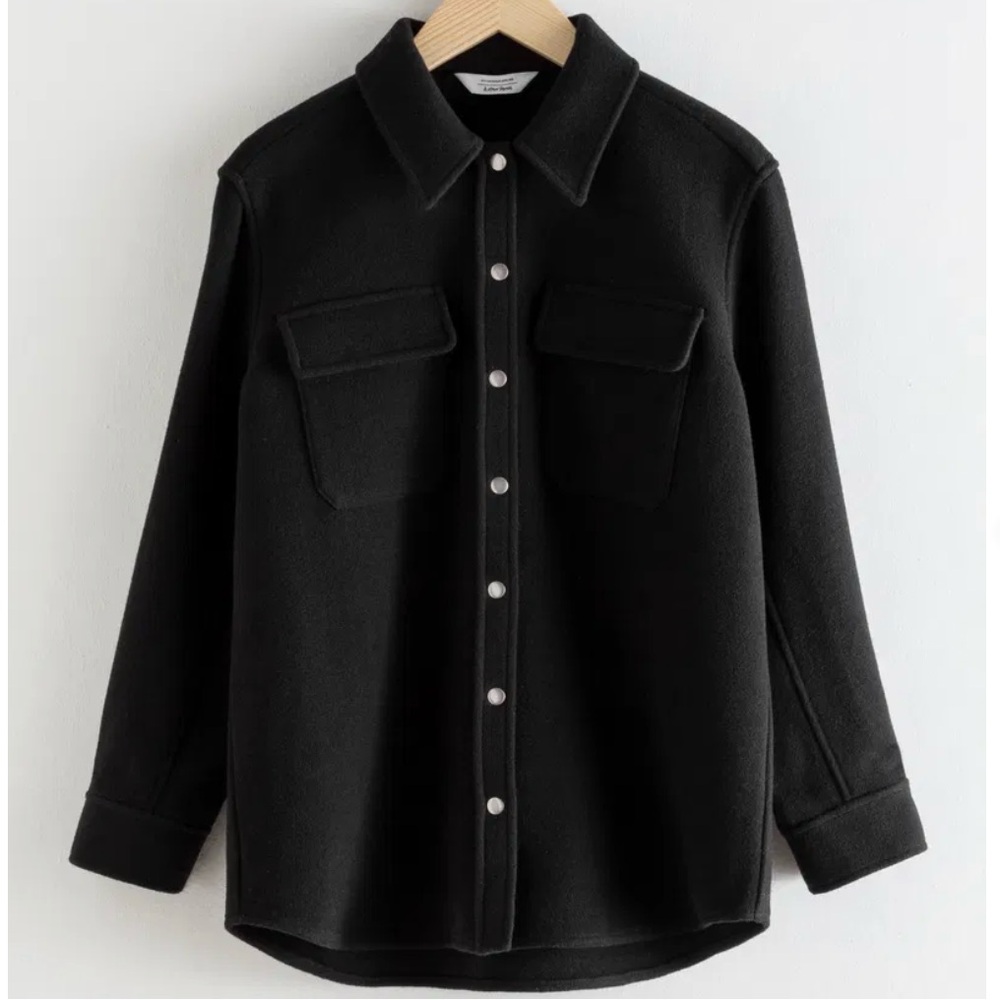& Other Stories Black Oversized Wool Blend Workwear Over Shirt Collared Jacket